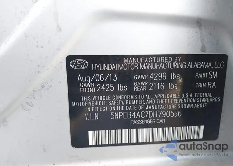 2013 Hyundai Sonata Gls z USA, uszkodzony, nr VIN 5NPEB4AC7DH790566